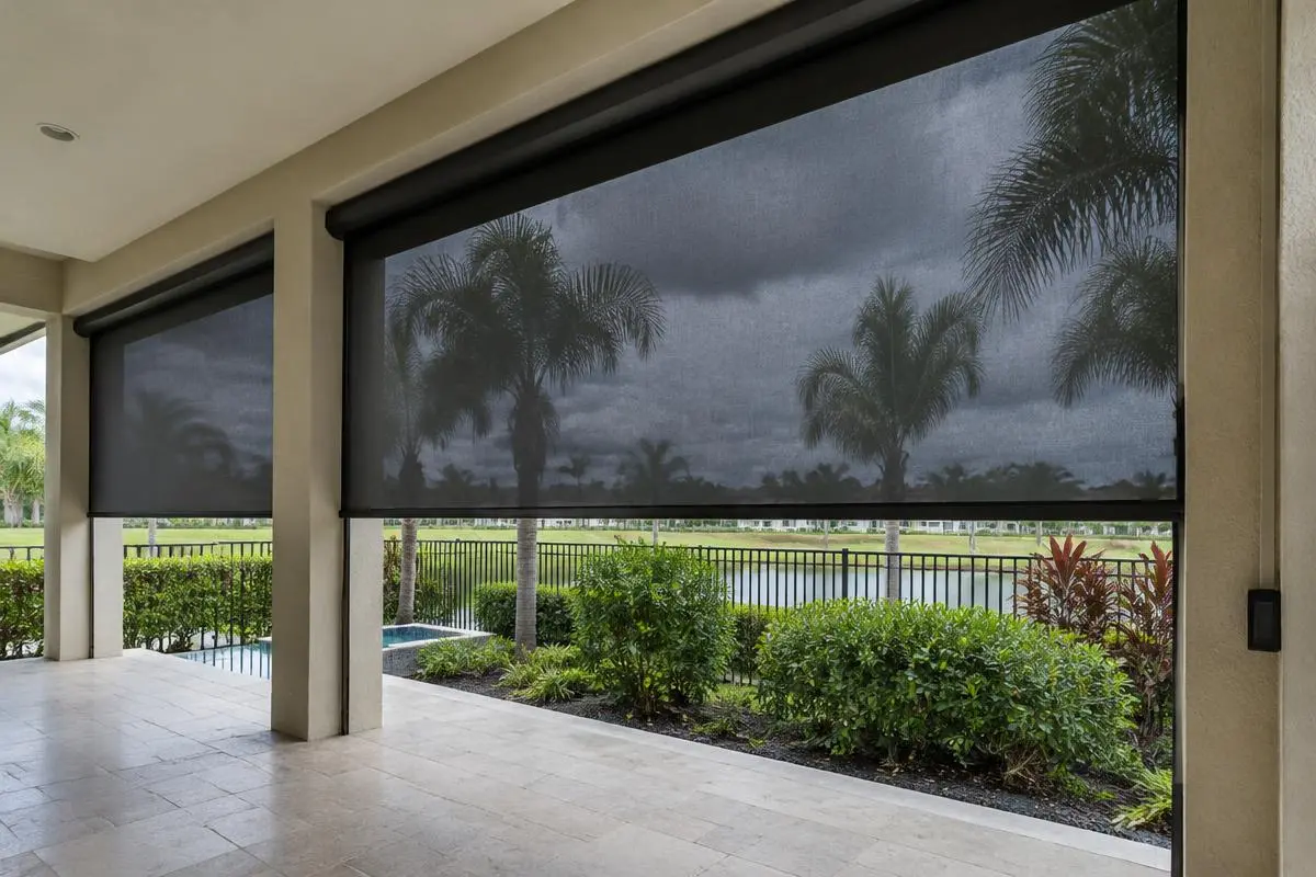 Roll-down screens lowered across a covered patio opening