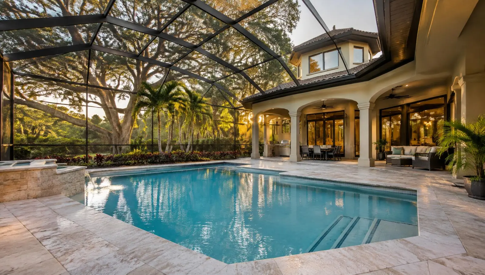 Screened pool enclosure over a pool and patio beside a two-story home