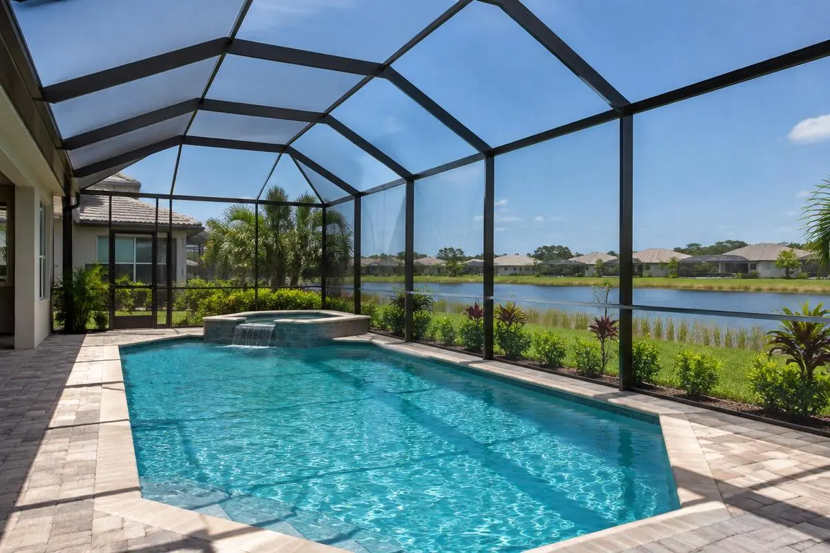 Screened pool enclosure with a spa overlooking a lake